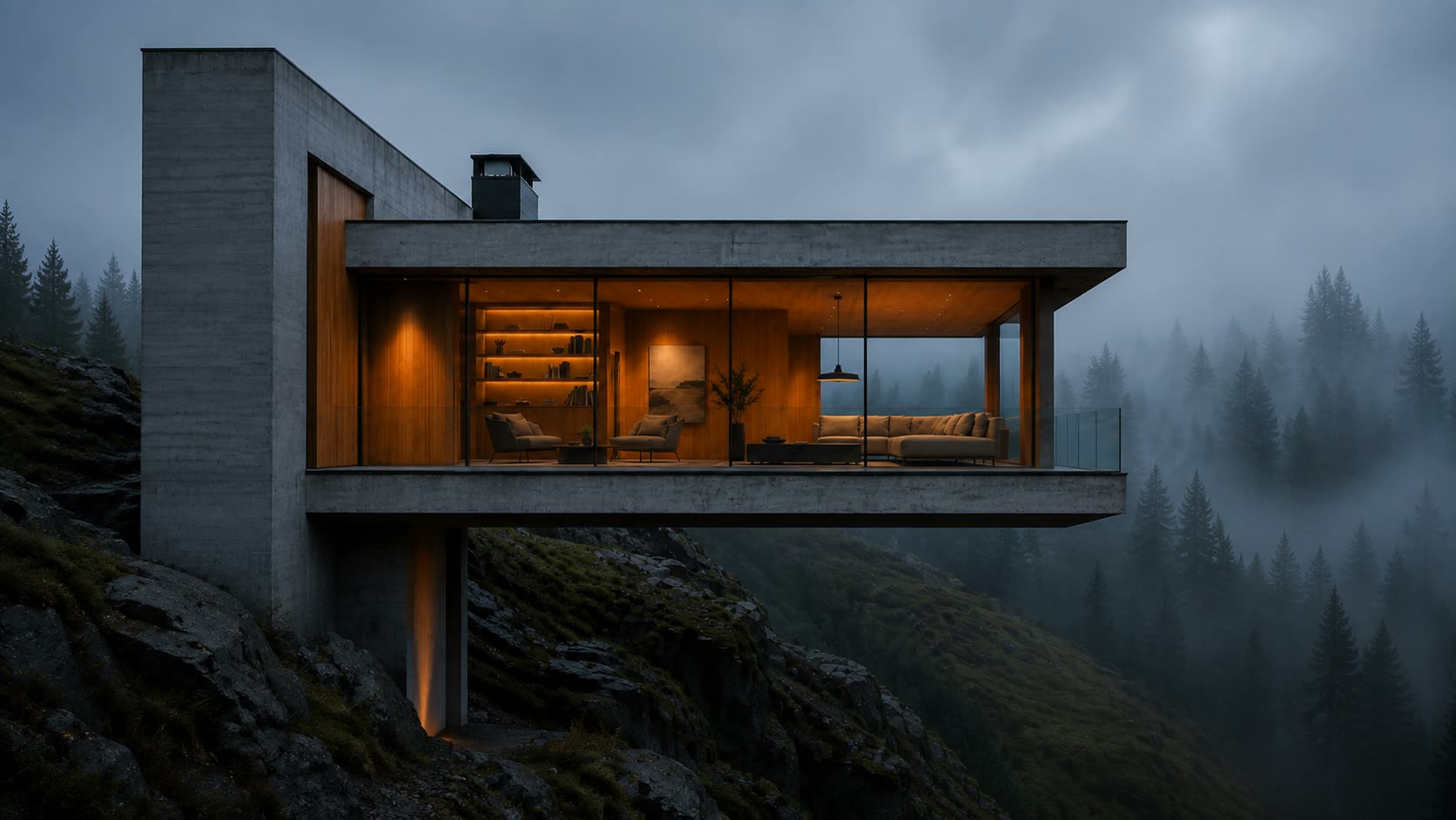 Concrete volume cantilevered over the void in fog