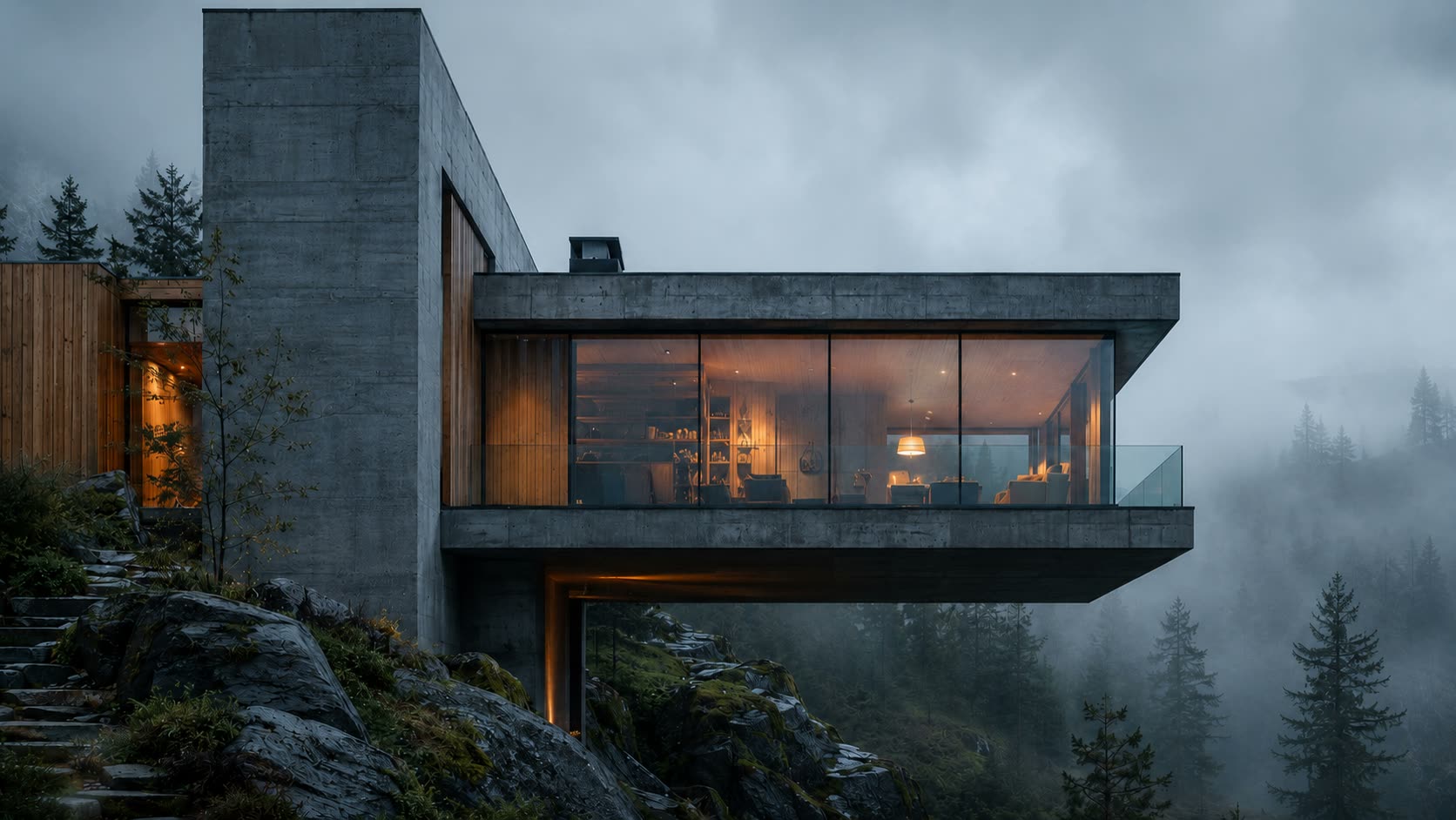 The house glowing on the dark ridge