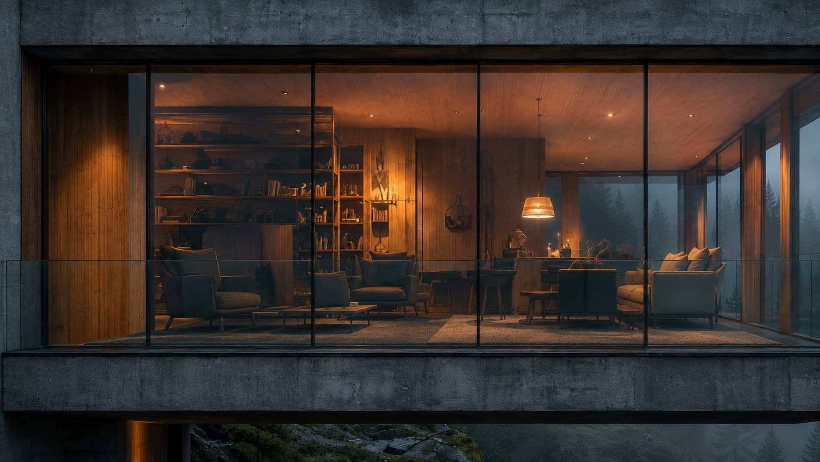 Lounge seen through the continuous glass wall