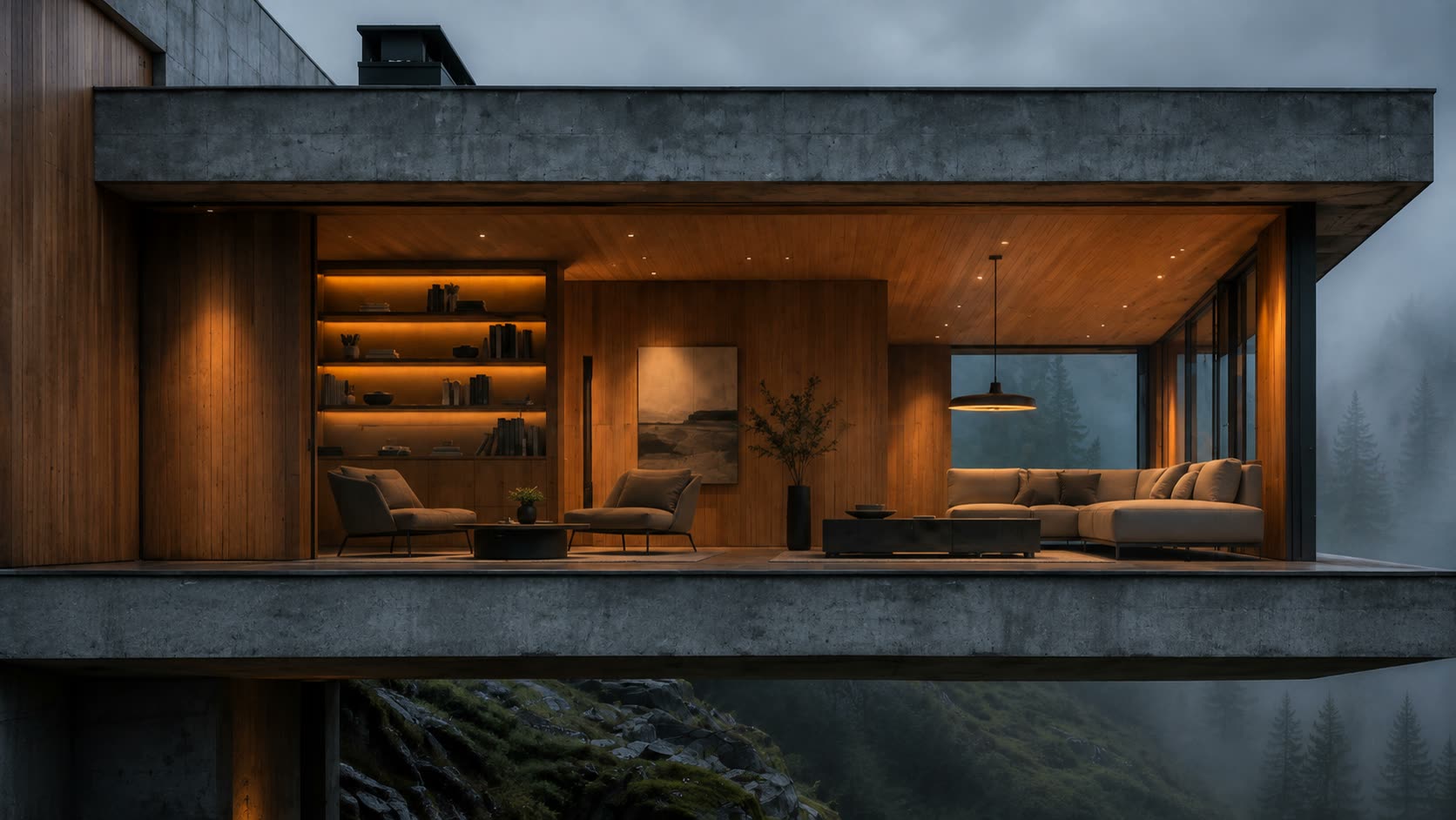 Warm timber living room open to the dusk