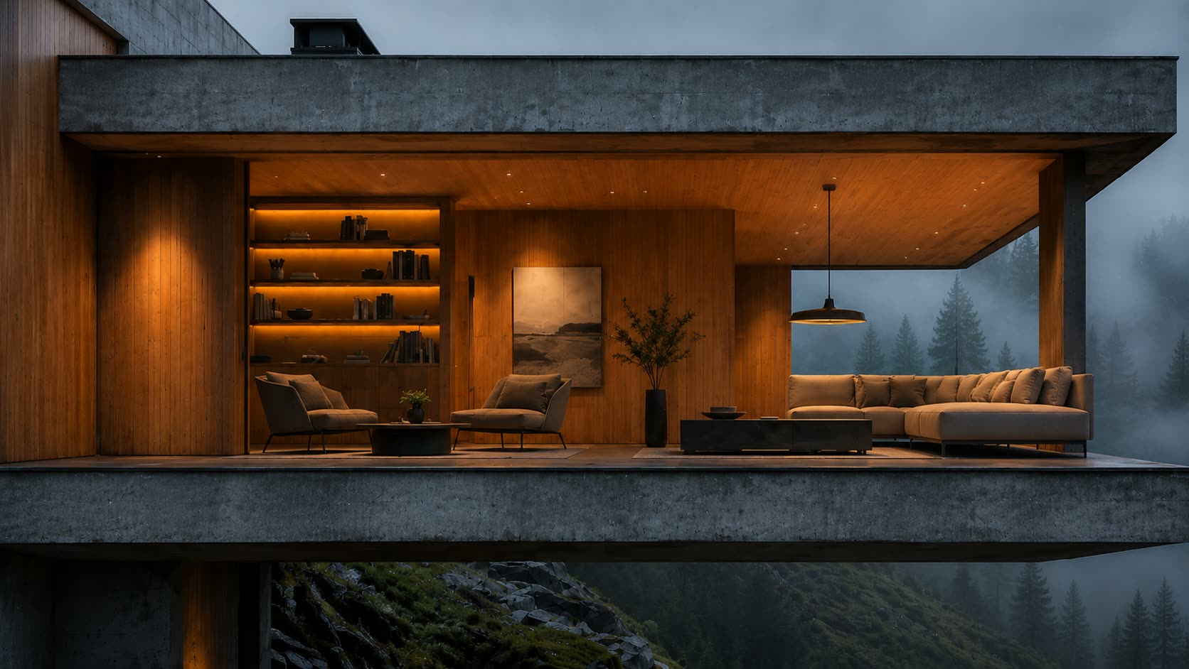 Open hearth room cutaway at dusk